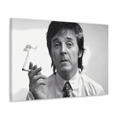 "Always Cool" Paul McCartney black and white portrait with cigarette smoke, 1960s inspired wall art on canvas.