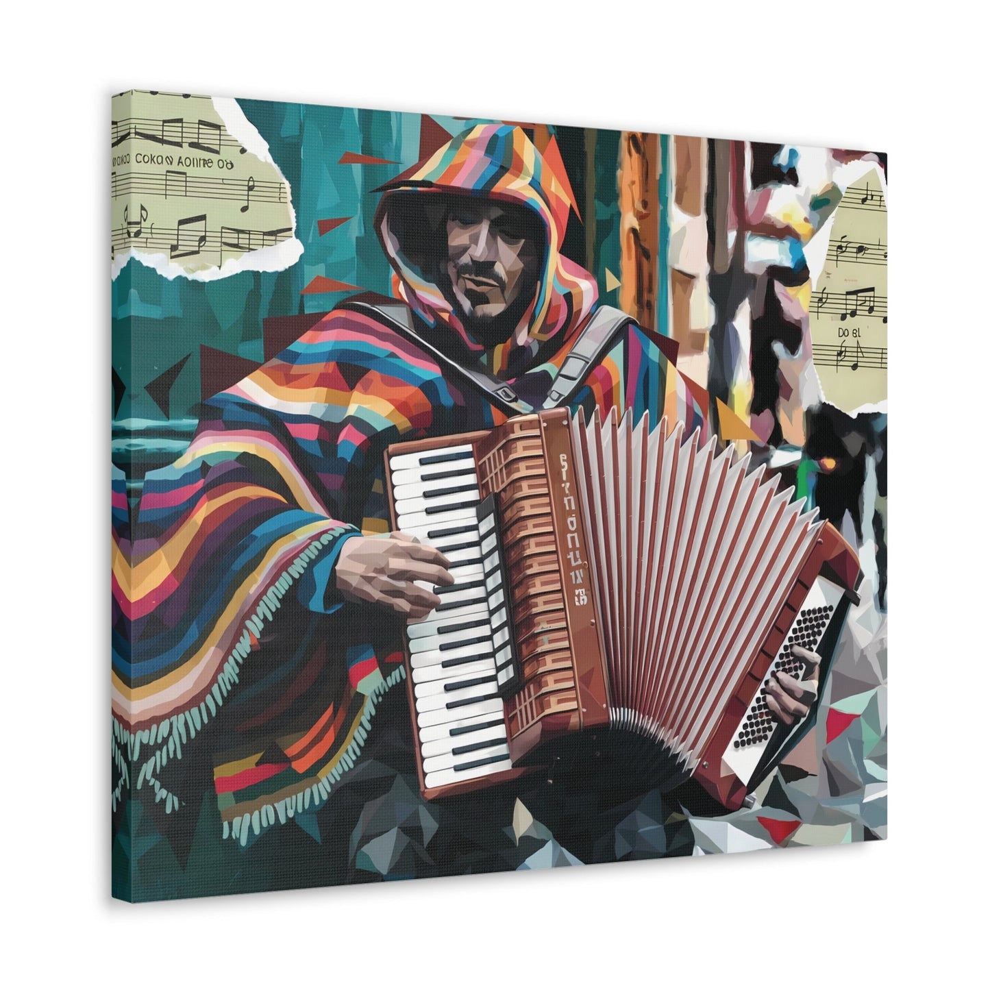 Vibrant accordion art of a musical street performer with bold fragmented forms on a teal background.