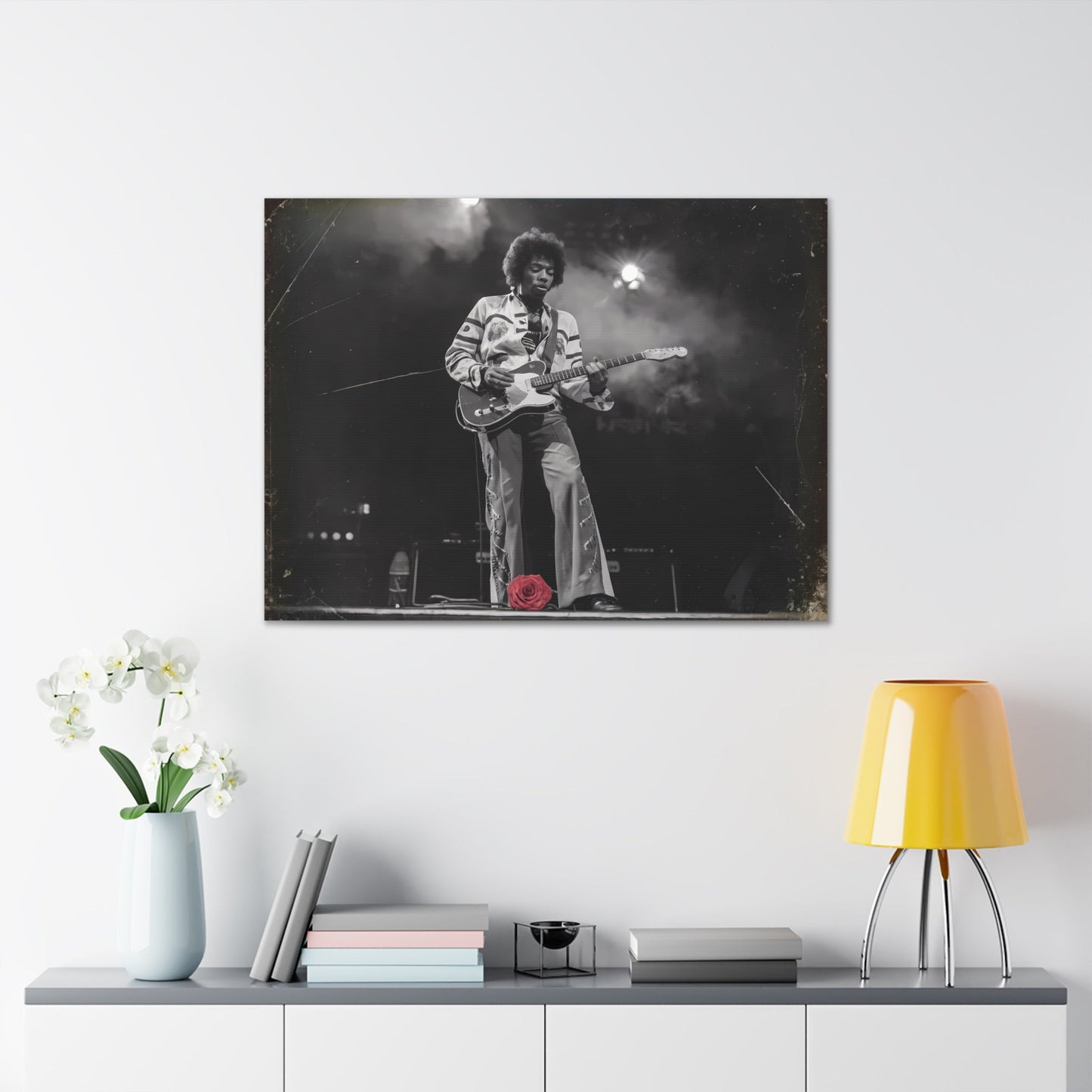 Jimi Hendrix Timeless Passion:: Jimi Hendrix Vintage Performance | Canvas Gallery WrCanvasJimi Hendrix Vintage Photo Art - Black and White with Red Rose AccentExperience the raw energy of Jimi Hendrix through this unique vintage-style canvas. Bring the s