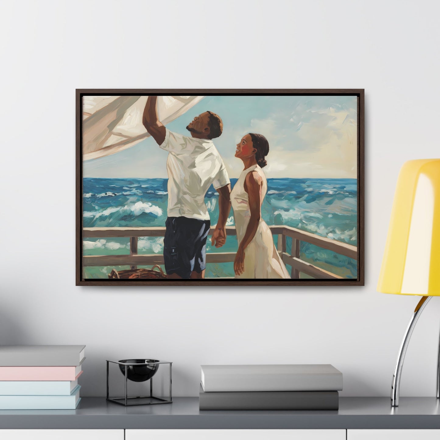 African American couple painting on coastal deck, vibrant ocean scene, serene coastal canvas wrap.