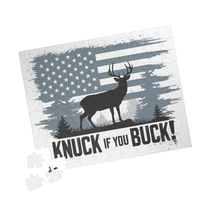 Hunting Themed Puzzle with "Knuck If You Buck" design, featuring a deer silhouette and American flag background; ideal for hunting season entertainment.