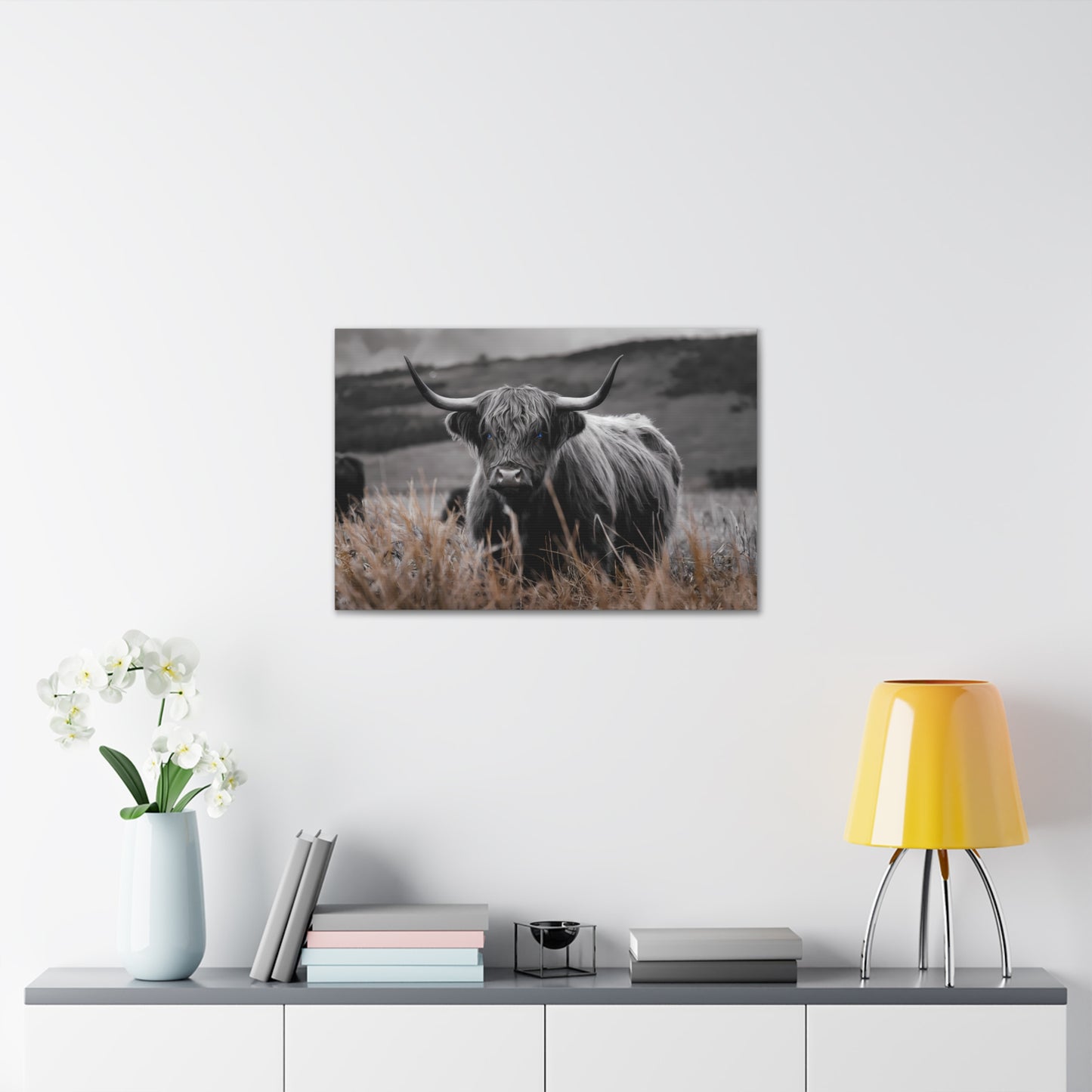 Majestic Highland Cow Canvas Print - 8K Cinematic Wall Art - Monochromatic Wall Art Print