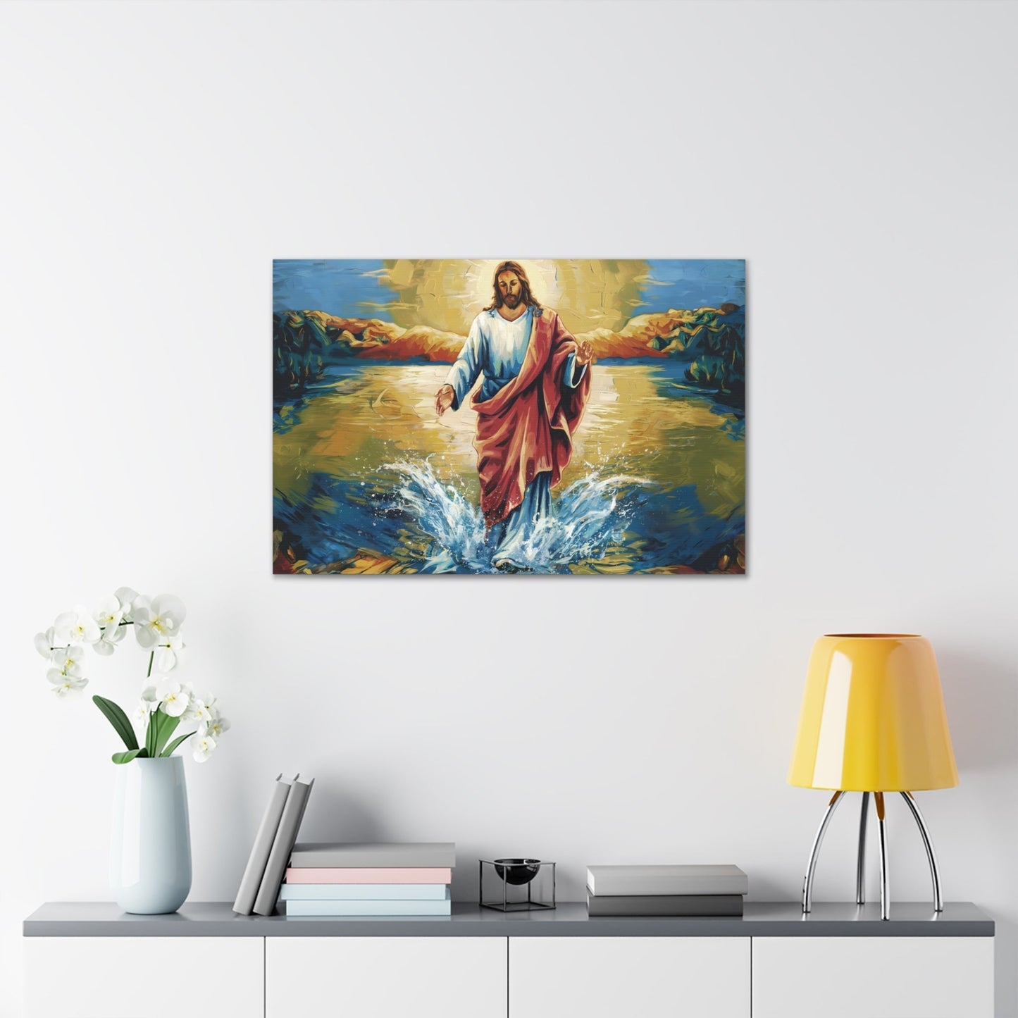 Jesus Christ Walking on Water painting on canvas, vibrant colors, fine art wall print.