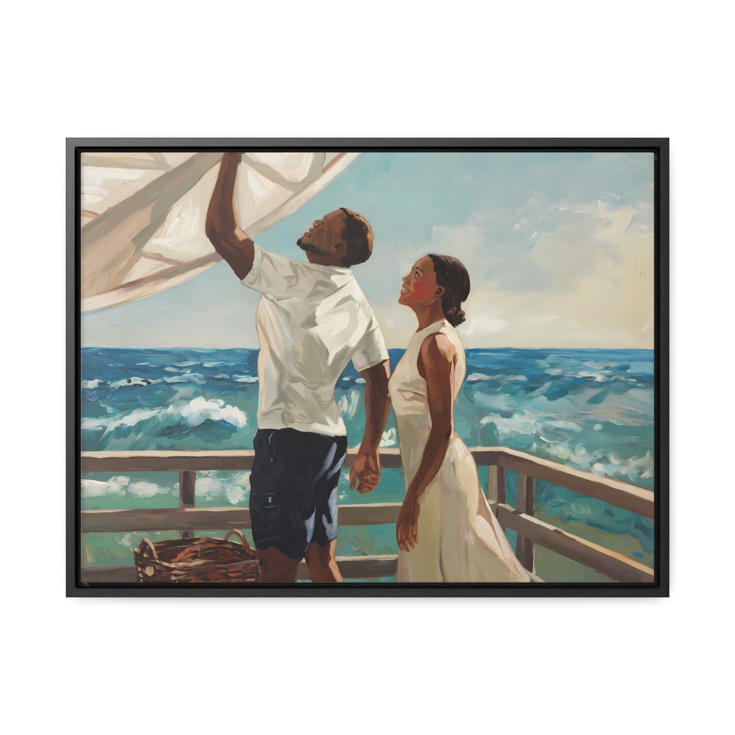 African American couple painting with coastal scene, featuring dynamic brushstrokes and a serene wooden deck setting.