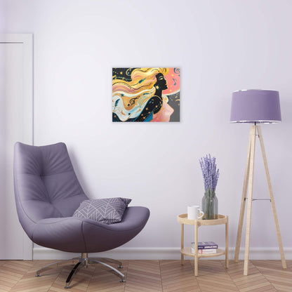 Serene woman with golden hair art on wall; dreamy celestial stars and music decor.