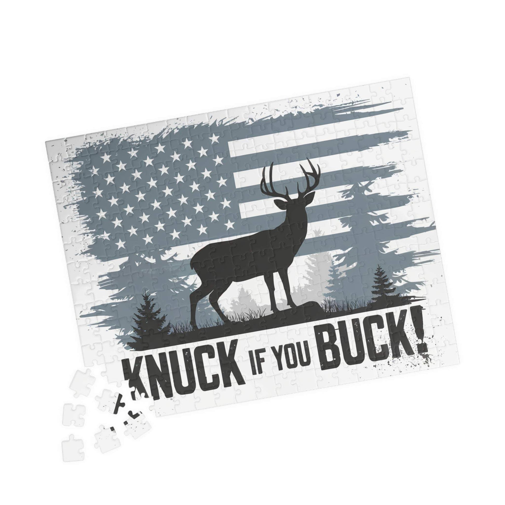 Hunting Themed Puzzle "Knuck If You Buck" design with deer silhouette and American flag backdrop.