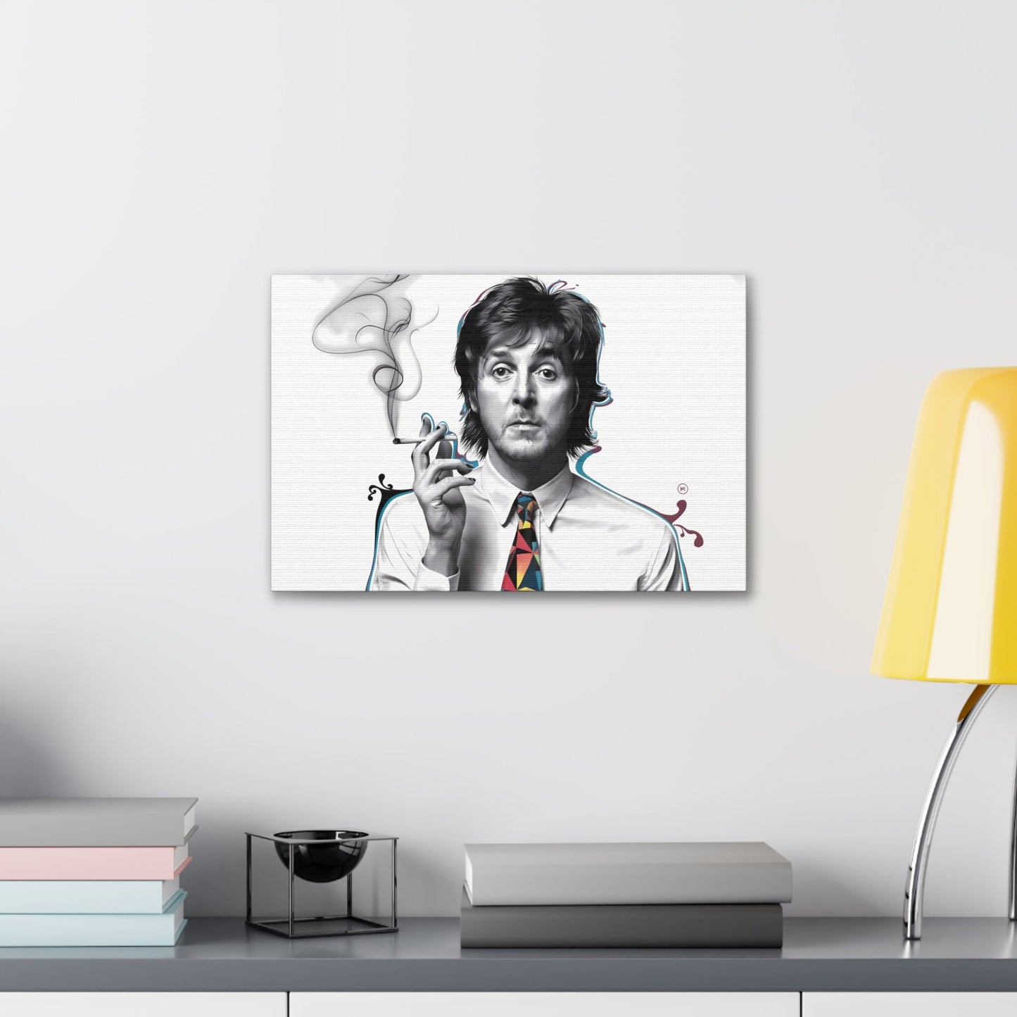 nullSurreal Paul McCartney Art | Dreamlike Portrait with Cigarette | Bold CanvasDiscover a surreal, dreamlike artwork of Paul McCartney smoking a cigarette, wearing a white shirt and bold geometric tie. Perfect for music and art lovers. Free shi