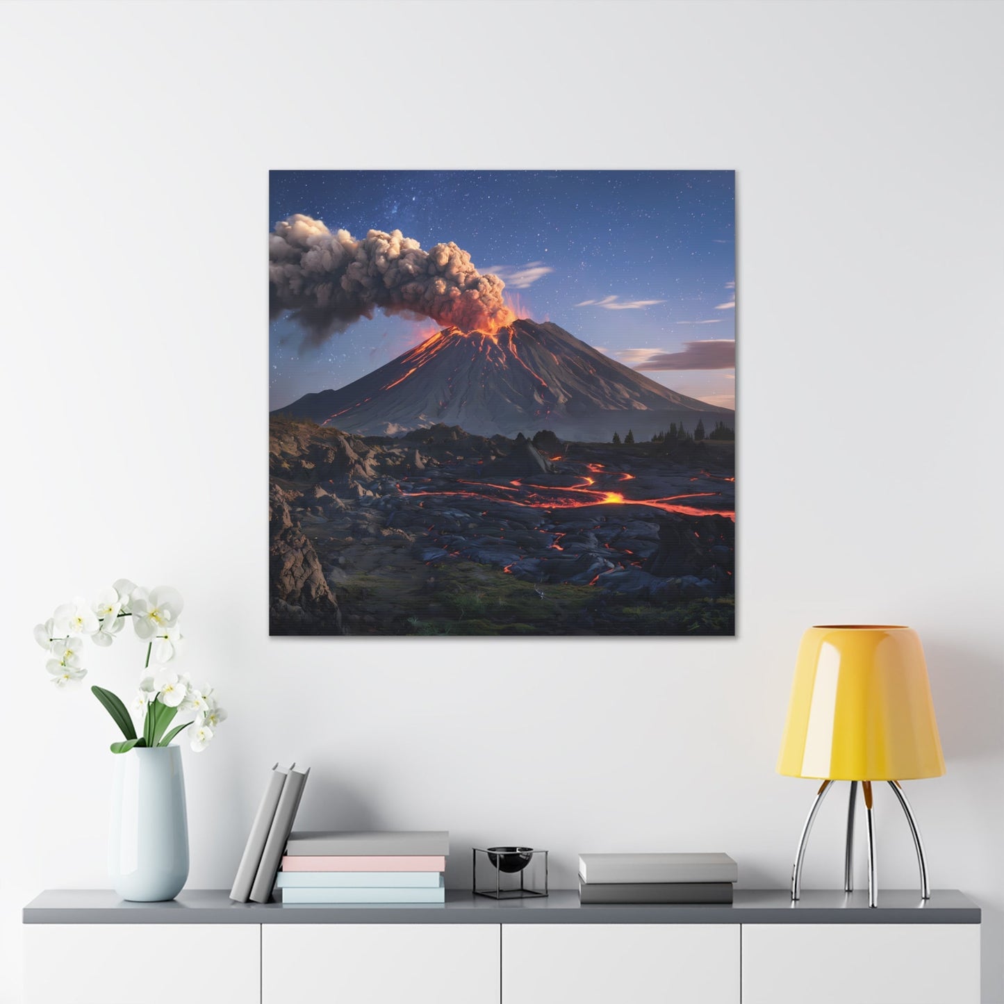 Dramatic Volcano Landscape Canvas Gallery Wrap displayed in a modern room setting.