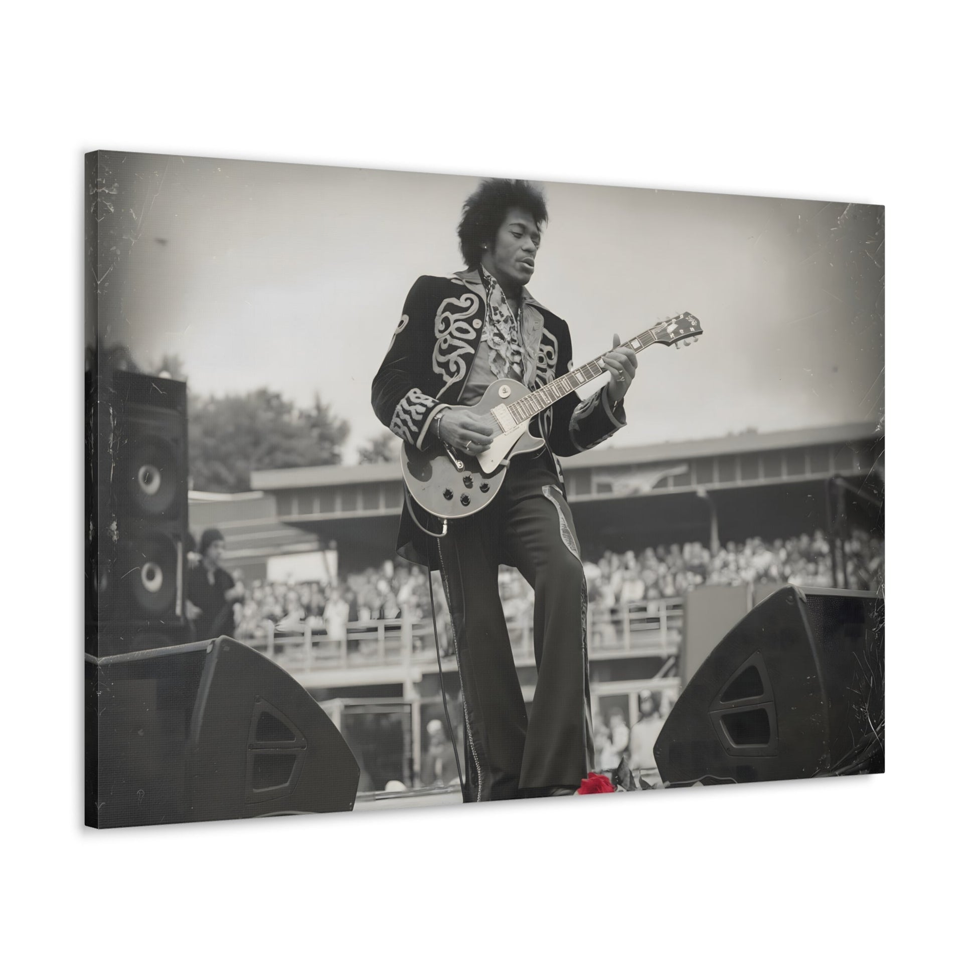 Vintage-Style Jimi HendrixVintage-Style Jimi Hendrix Performance Photo - Unique Black-and-White CanvasExperience the raw energy of Jimi Hendrix in this vintage-style black-and-white photo. This unique art print captures the iconic guitarist mid-performance, surrounde