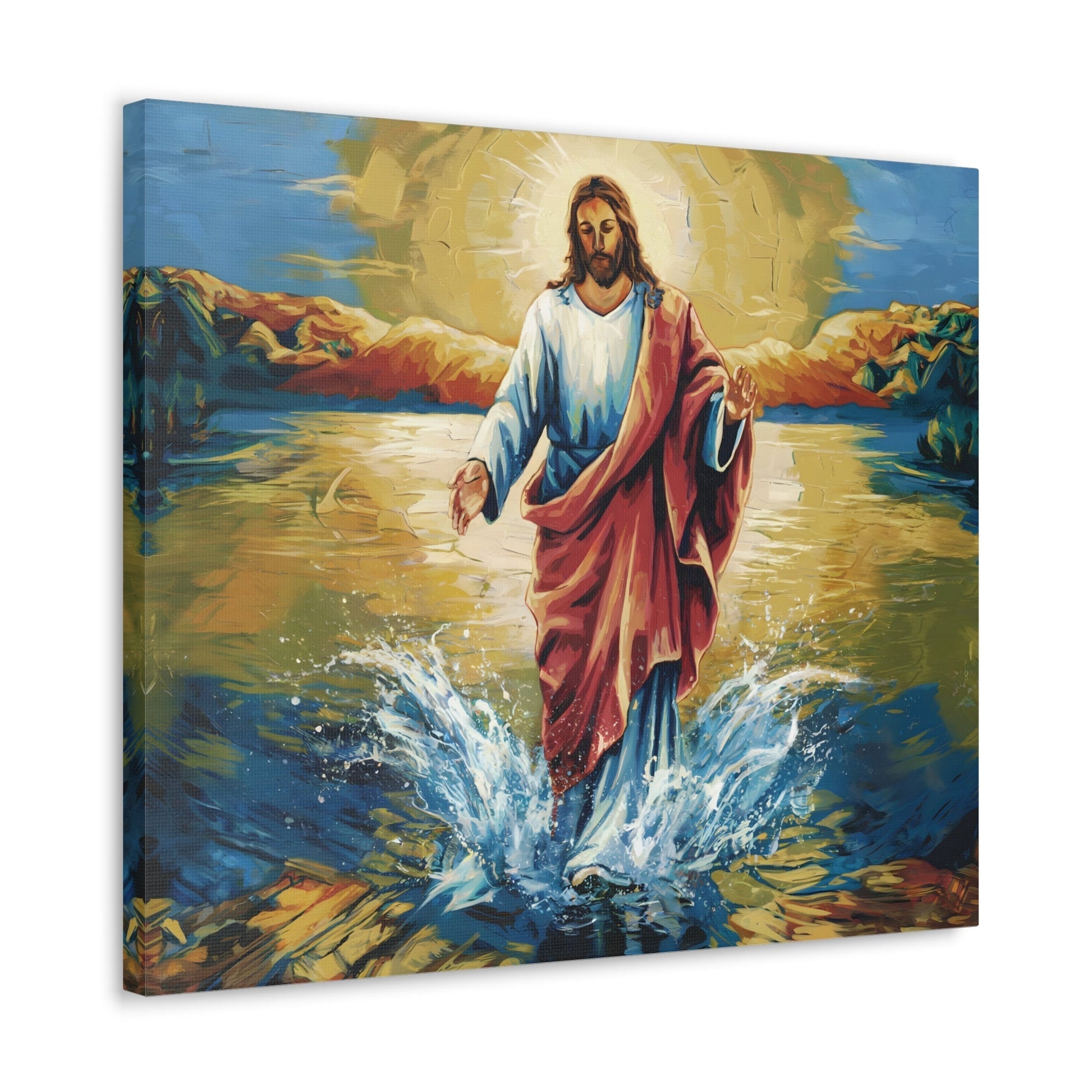 Jesus Christ walking on water painting, vibrant colors, divine radiance, wall art, canvas gallery.