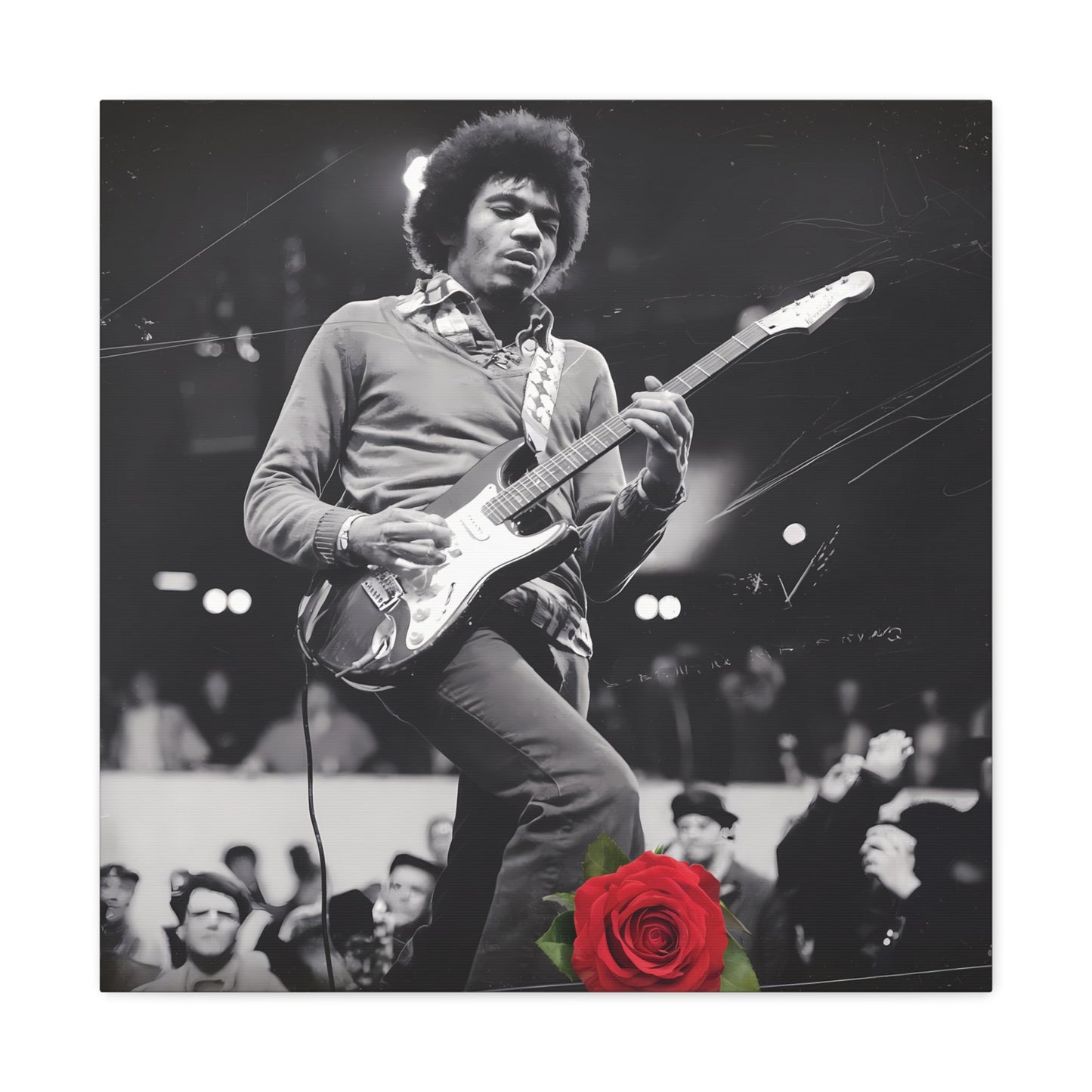 Jimi Hendrix Vintage PerformanceTimeless Passion: Jimi Hendrix Vintage Performance | Canvas Gallery WrCanvasJimi Hendrix Vintage Performance | Canvas Gallery Wrap | Iconic Rock Wall Art
Jimi Hendrix Vintage Photo Art - Black and White with Red Rose Accent
 Experience the r