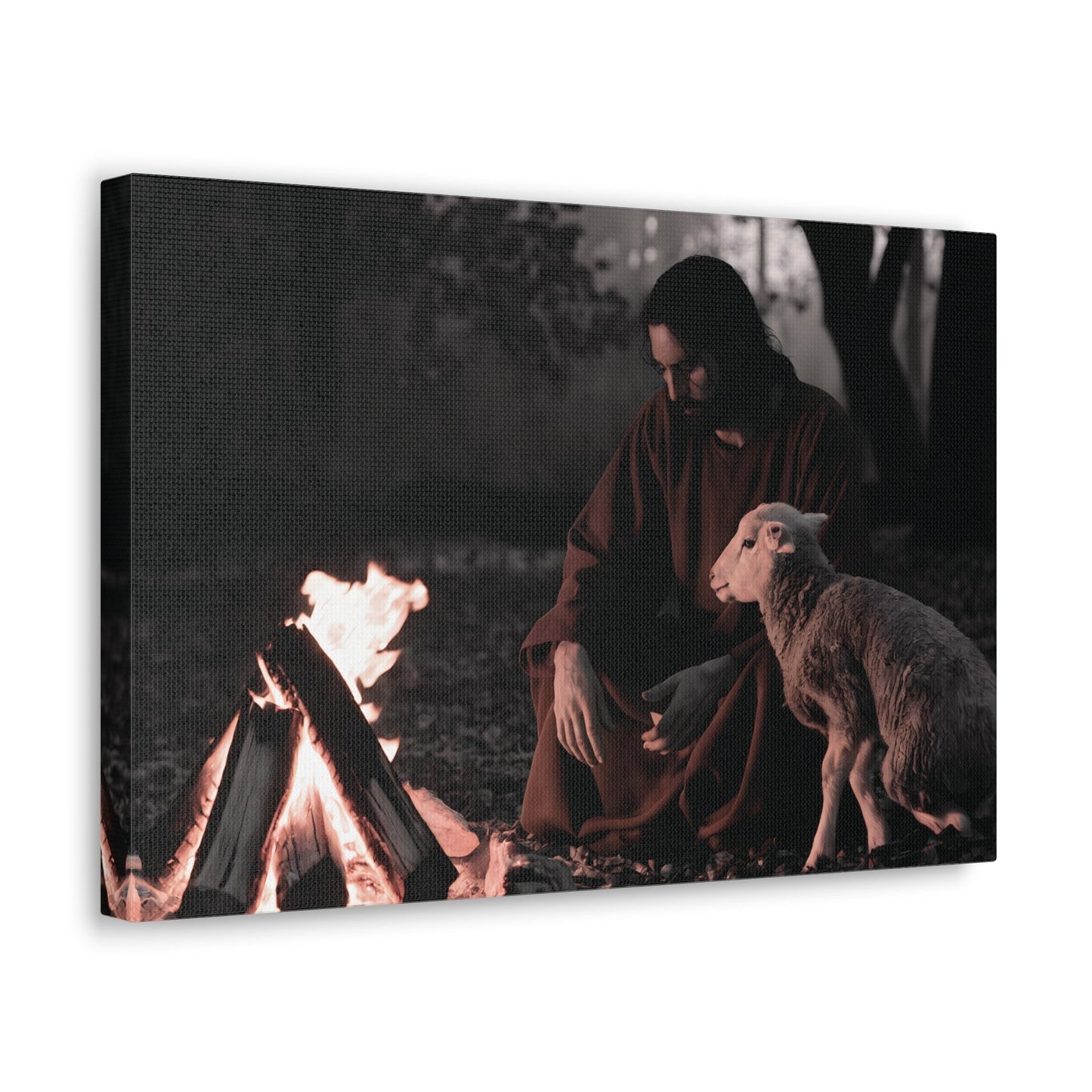 Limited edition canvas painting of Jesus Christ with lamb by a sacred flame, in a monochromatic forest setting, Christian art decor.