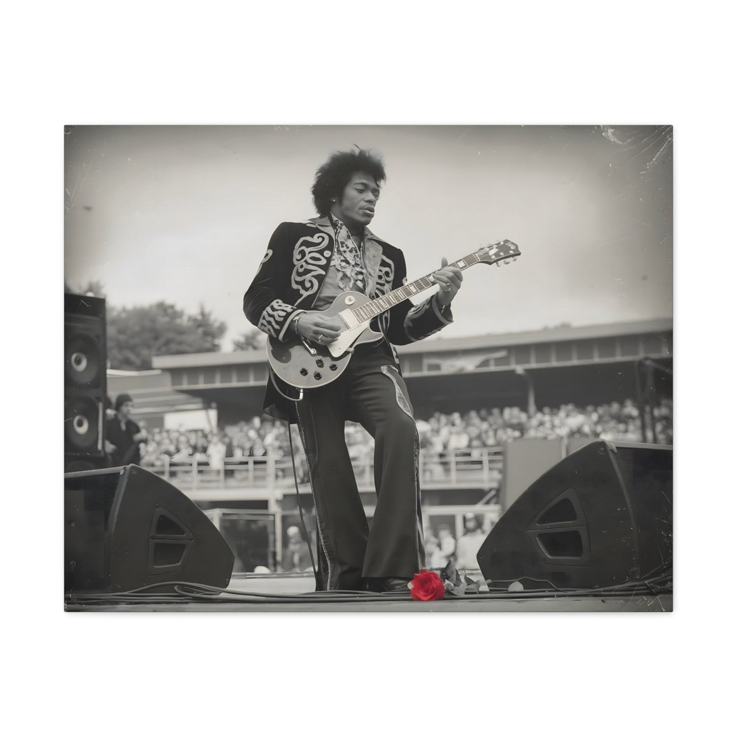 Vintage-Style Jimi HendrixVintage-Style Jimi Hendrix Performance Photo - Unique Black-and-White CanvasExperience the raw energy of Jimi Hendrix in this vintage-style black-and-white photo. This unique art print captures the iconic guitarist mid-performance, surrounde