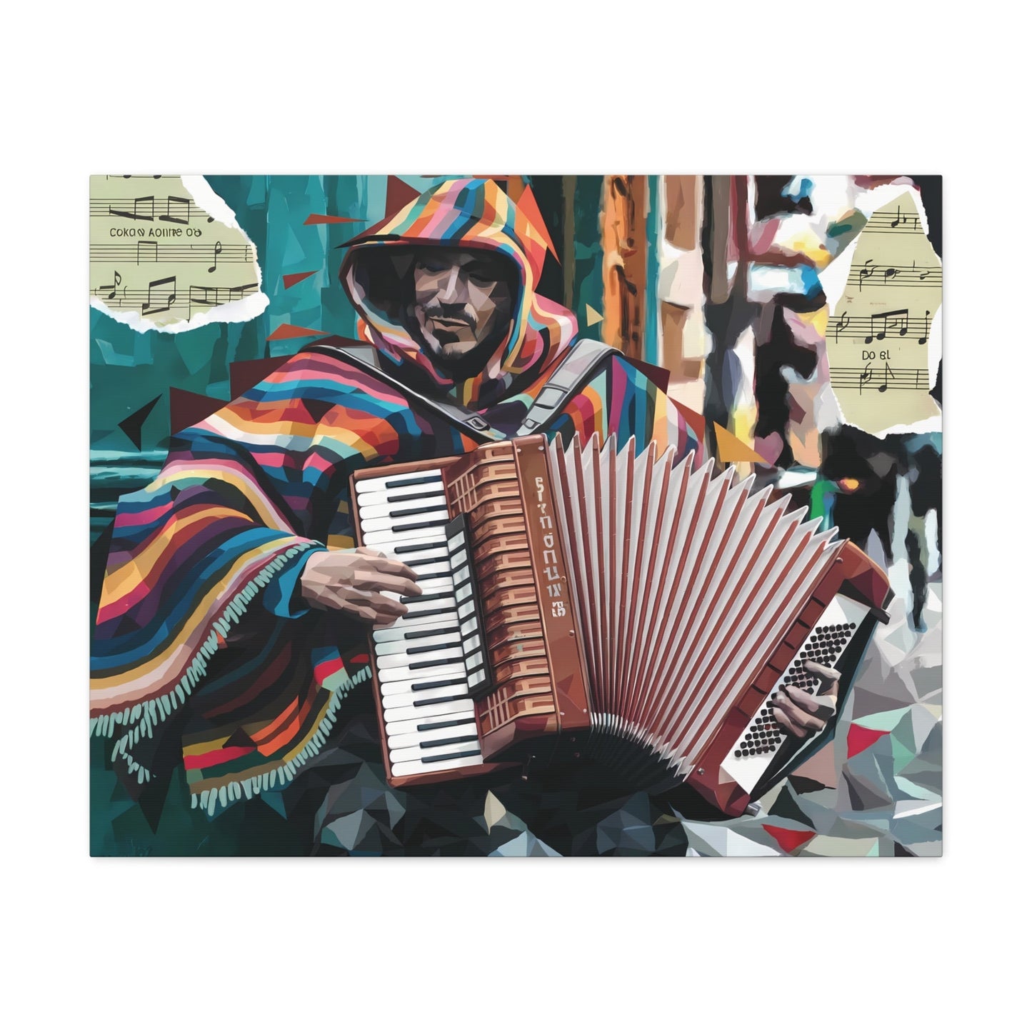 Vibrant accordion street performer artwork with colorful poncho and abstract details.