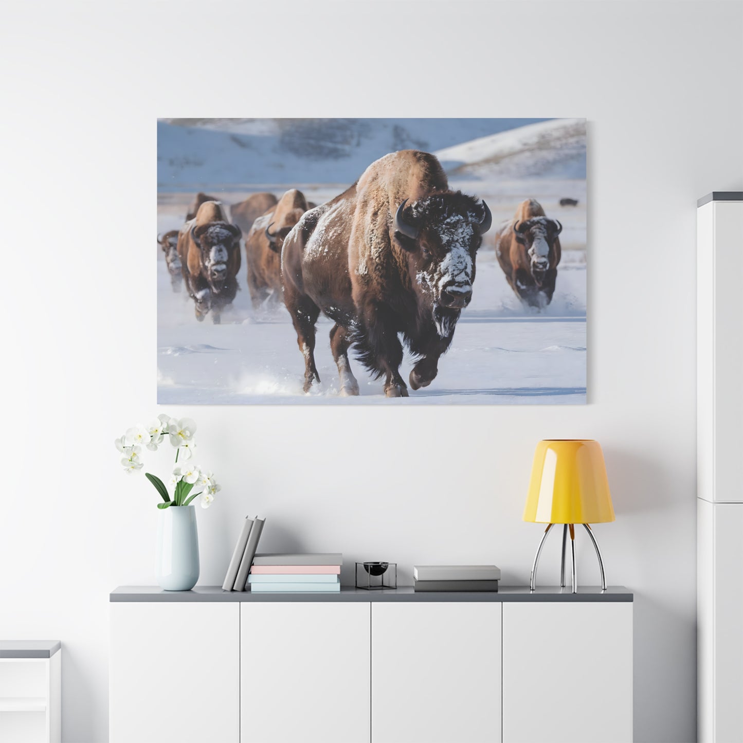 Massive Bison Herd in Snow | Winter Wildlife Photography Wall Art | Snow-Covered Plains Art | " Lead The Pack " - Matte Canvas