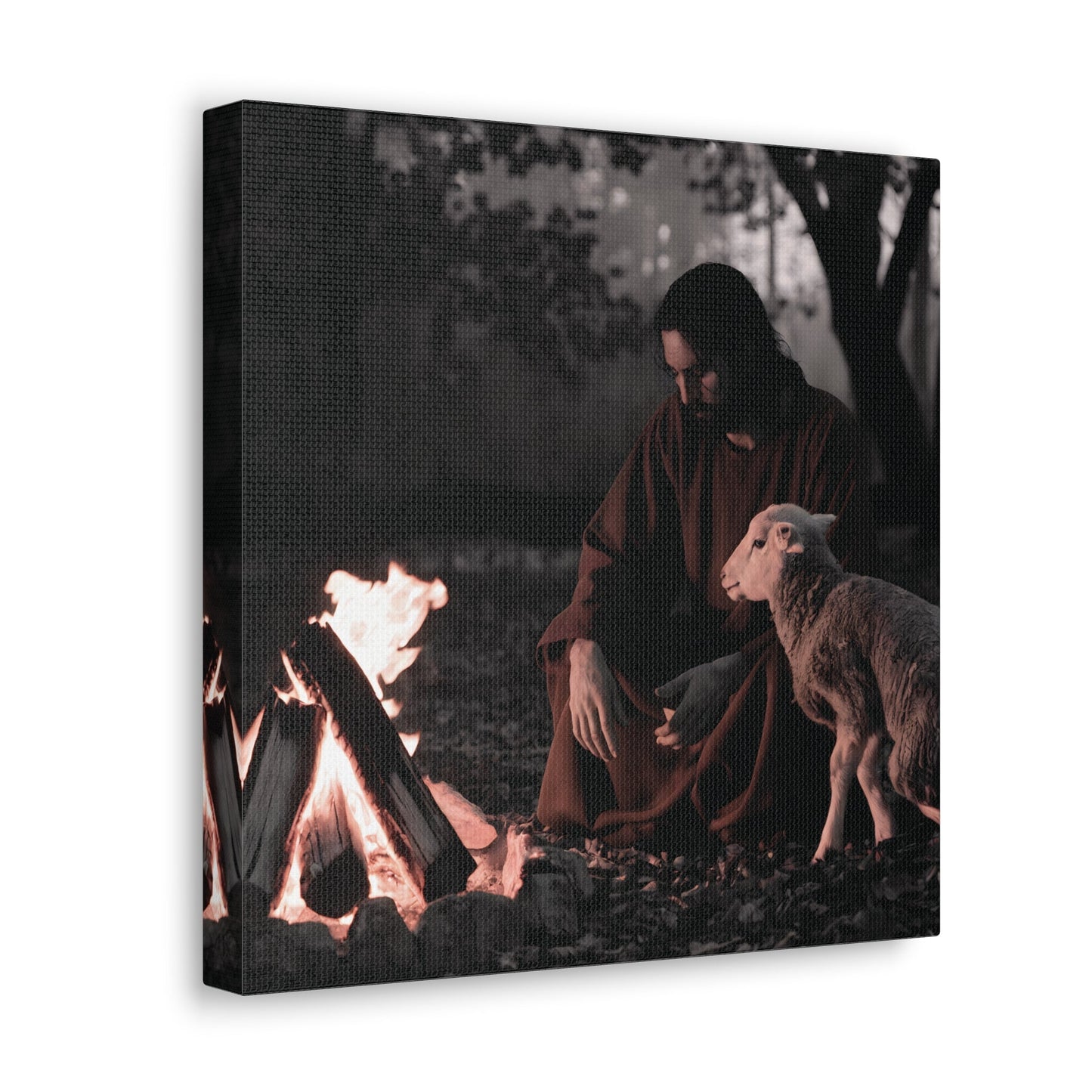 Limited edition Jesus painting on canvas, featuring Jesus Christ with the Lamb of God beside a sacred flame, in a monochromatic forest setting.