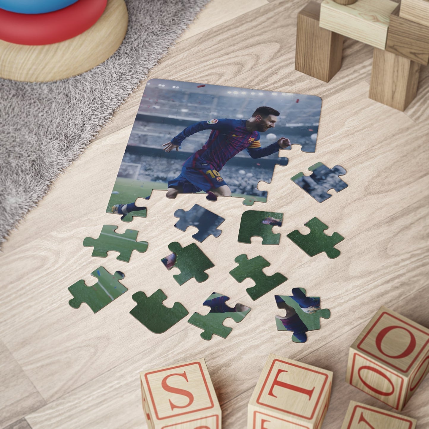 Lionel Messi Kids Puzzle, 30-Piece, featuring Messi in FC Barcelona jersey on a football pitch.