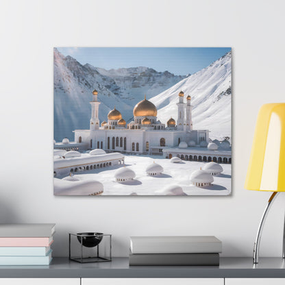 Winter Sanctuary: Majestic White Mosque with Golden Domes - Wall Art