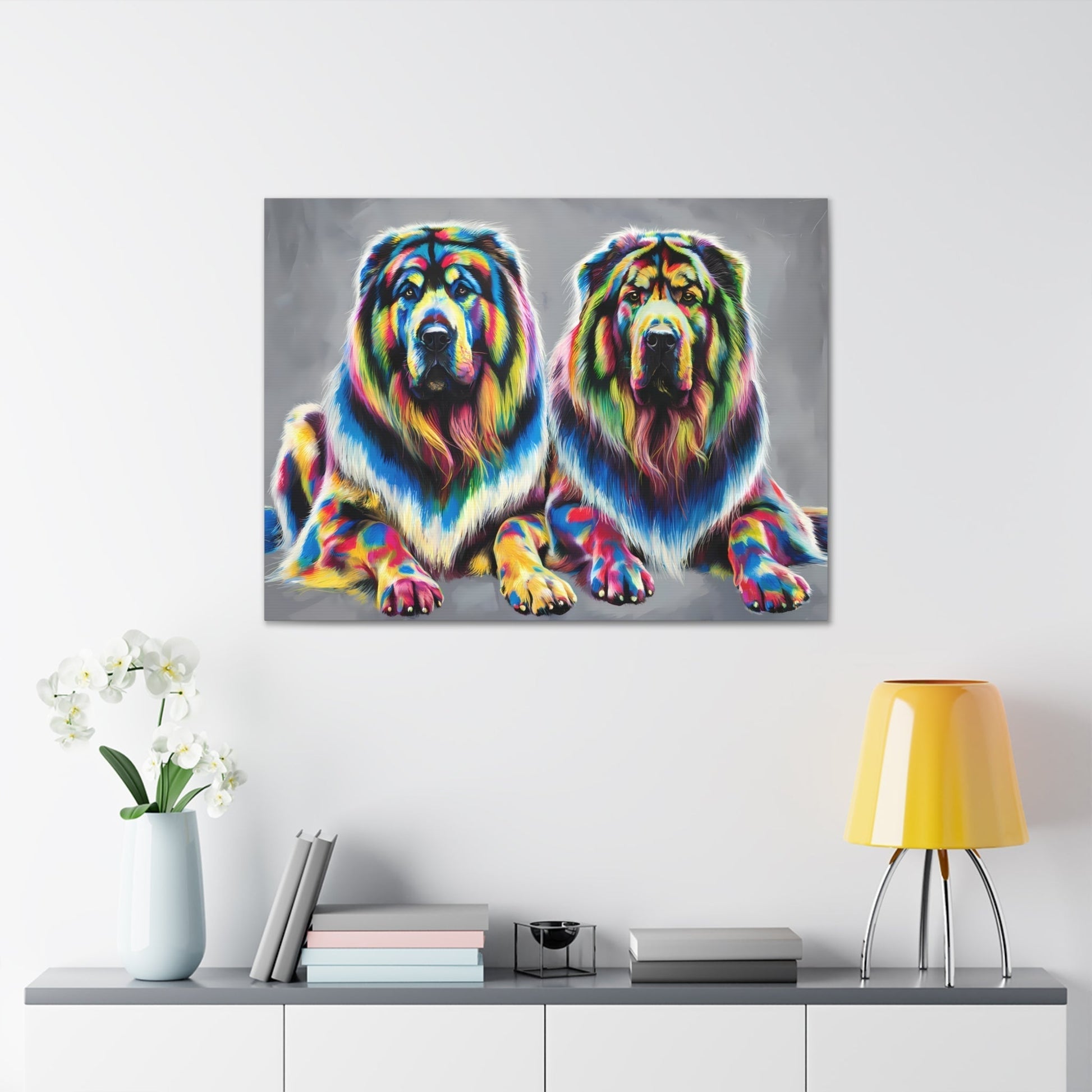 Rainbow Tibetan Mastiff canvas wall art featuring vibrant dog portraits.