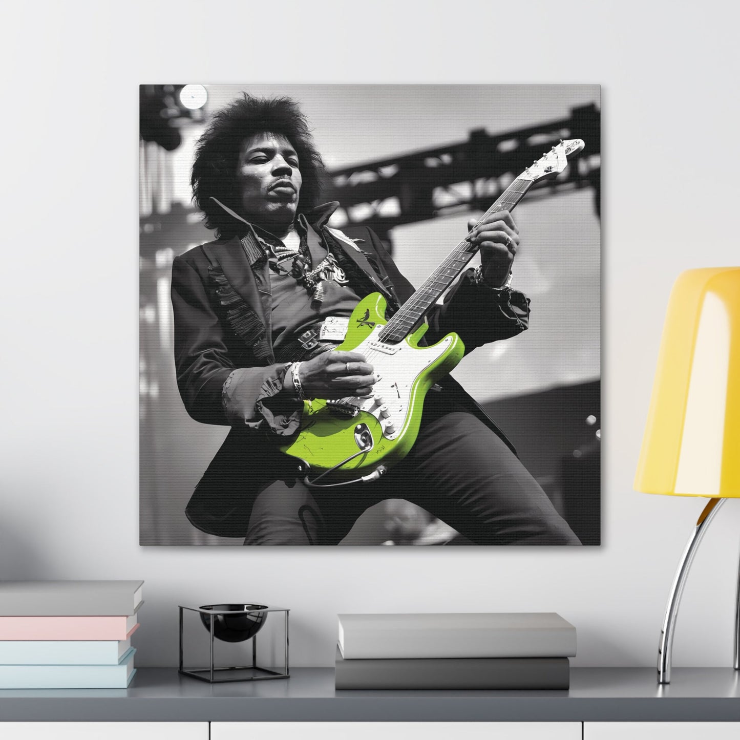 Monochrome Jimi Hendrix portrait with neon green guitar, rock legend wall art.