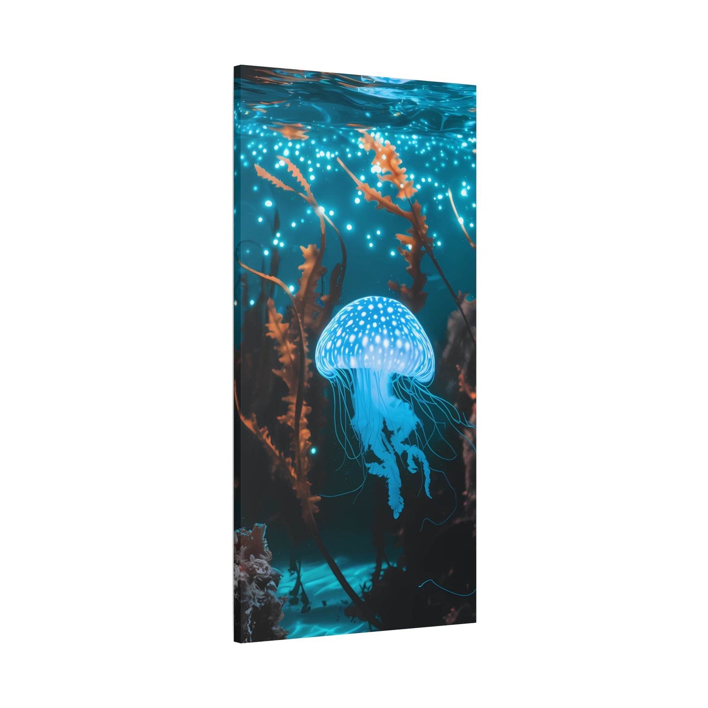 nullBioluminescent Underwater Scene | Luminescent Jellyfish | Matte CanvasCanvasTransform your space with this captivating high-resolution canvas print featuring a mesmerizing bioluminescent underwater scene. At the heart of this ethereal image 