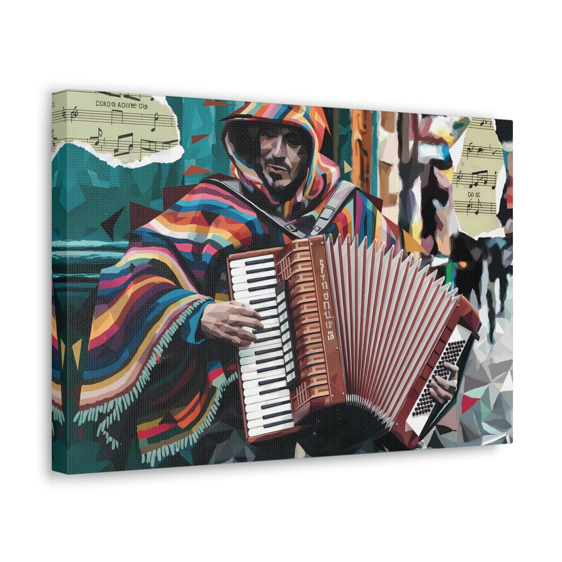 Vibrant accordion street performer art with multicolored poncho, collage details, and teal background.