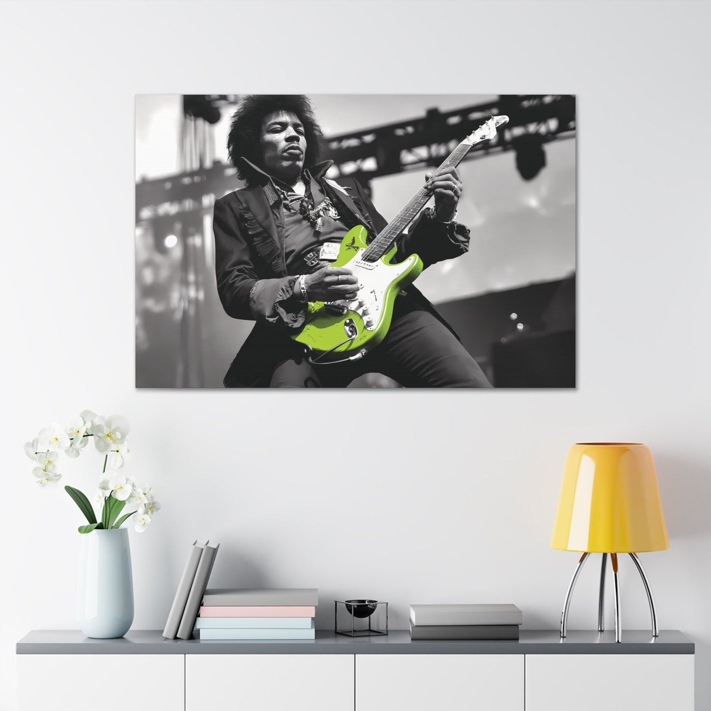 Monochrome Jimi Hendrix portrait with neon green guitar, canvas wall art.