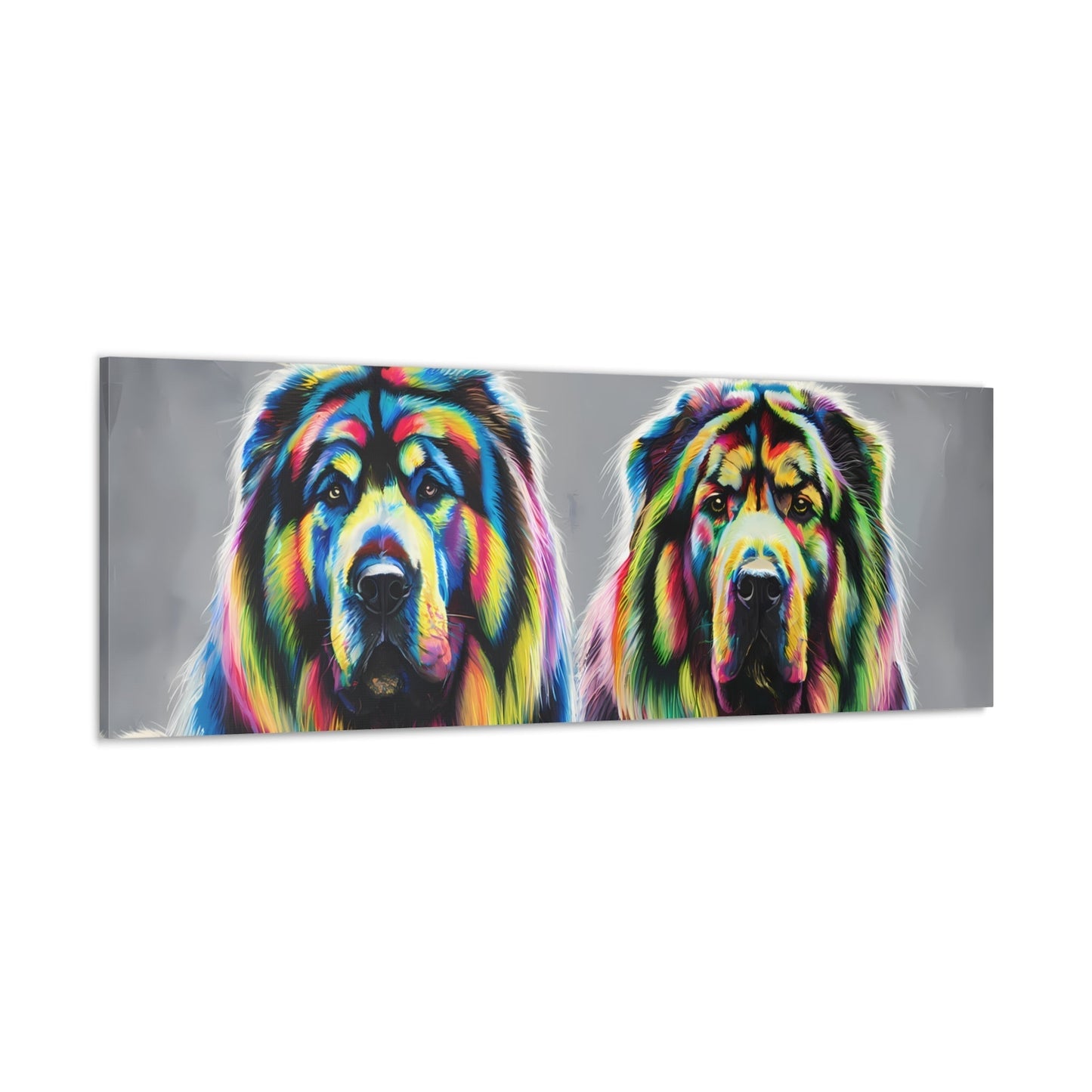 Rainbow Tibetan Mastiff vibrant canvas wall art, colorful dog portrait gallery wrap.