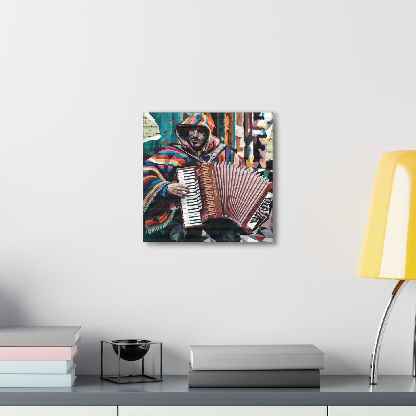 Vibrant artwork of a street performer playing accordion with colorful poncho, canvas wall decor.