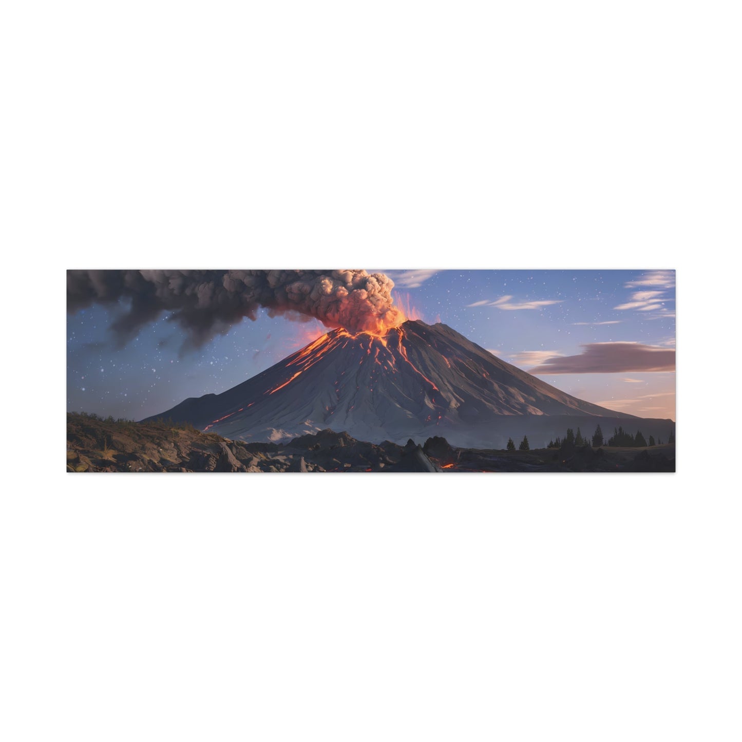 Dramatic volcano landscape canvas with active volcano, glowing lava, and starry night sky.