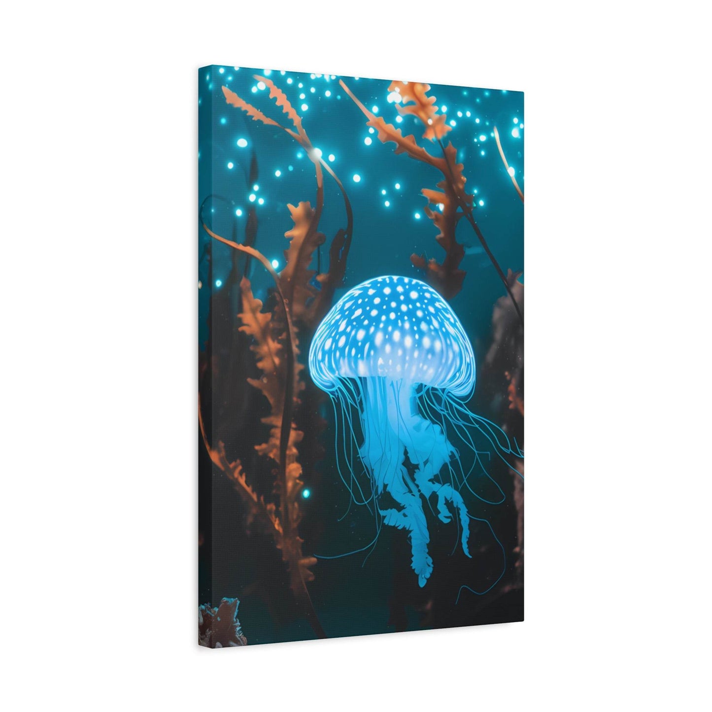 nullBioluminescent Underwater Scene | Luminescent Jellyfish | Matte CanvasCanvasTransform your space with this captivating high-resolution canvas print featuring a mesmerizing bioluminescent underwater scene. At the heart of this ethereal image 