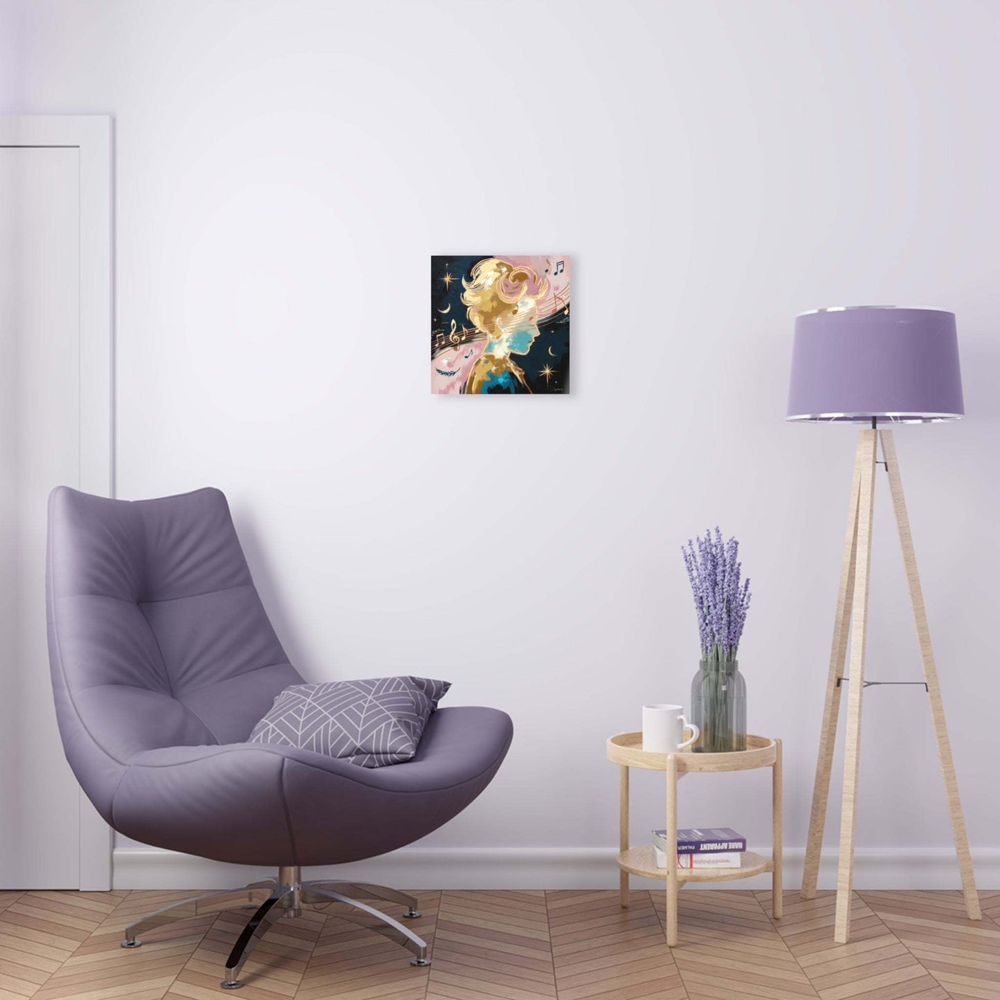 Abstract portrait with musical notes on wall, featuring serene figure and cosmic elements, enhancing home decor.