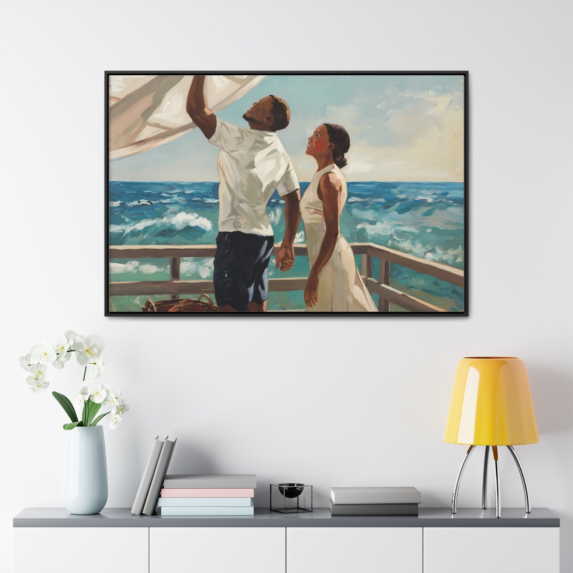 African American couple painting depicting a serene coastal scene on canvas, ideal for coastal living enthusiasts.