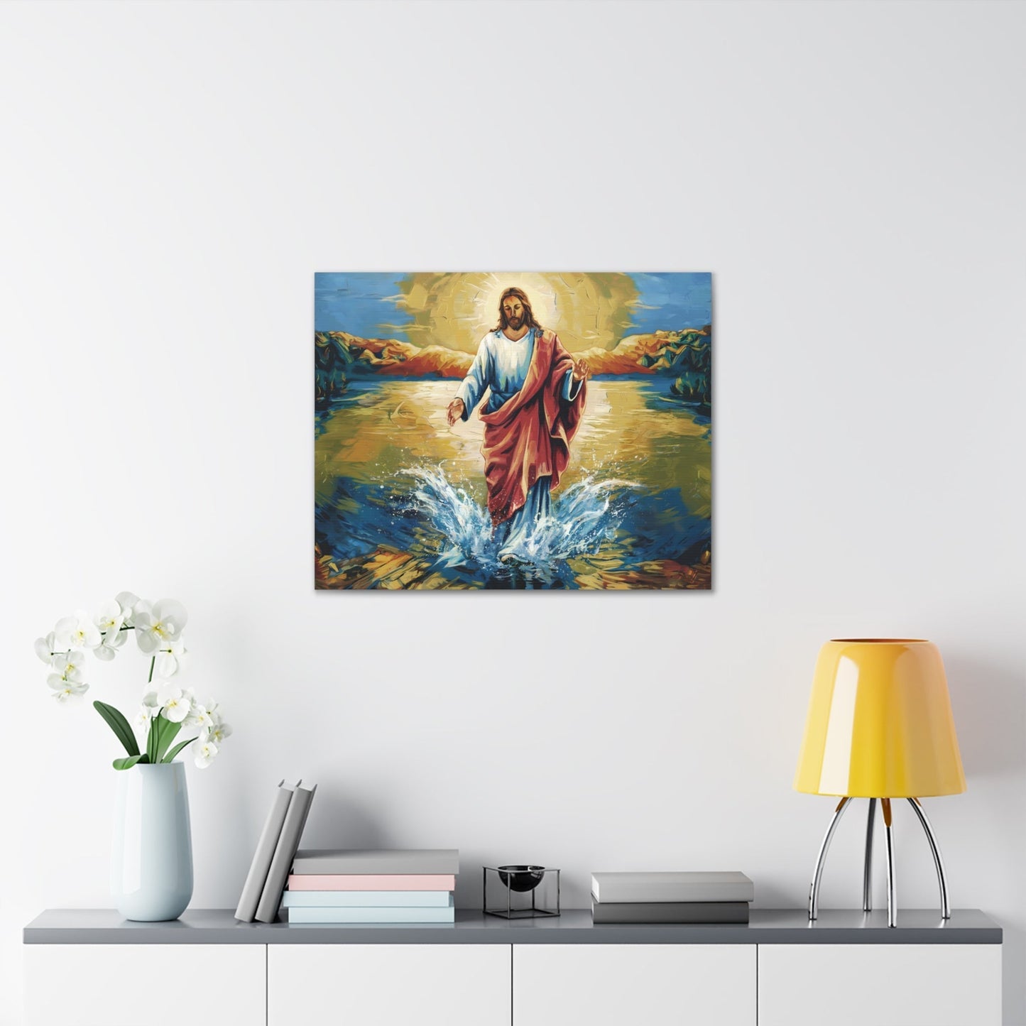 Jesus Christ walking on water painting on wall; vibrant colors; spiritual artwork.