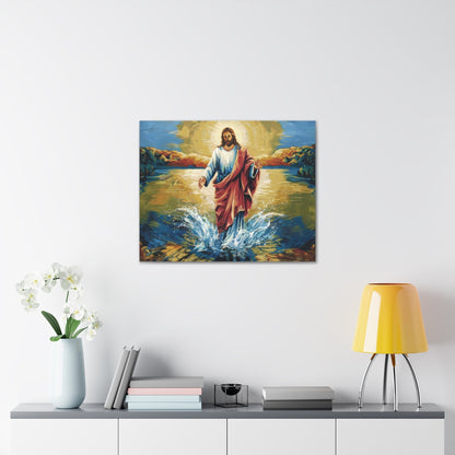 Jesus Christ walking on water painting on wall; vibrant colors; spiritual artwork.