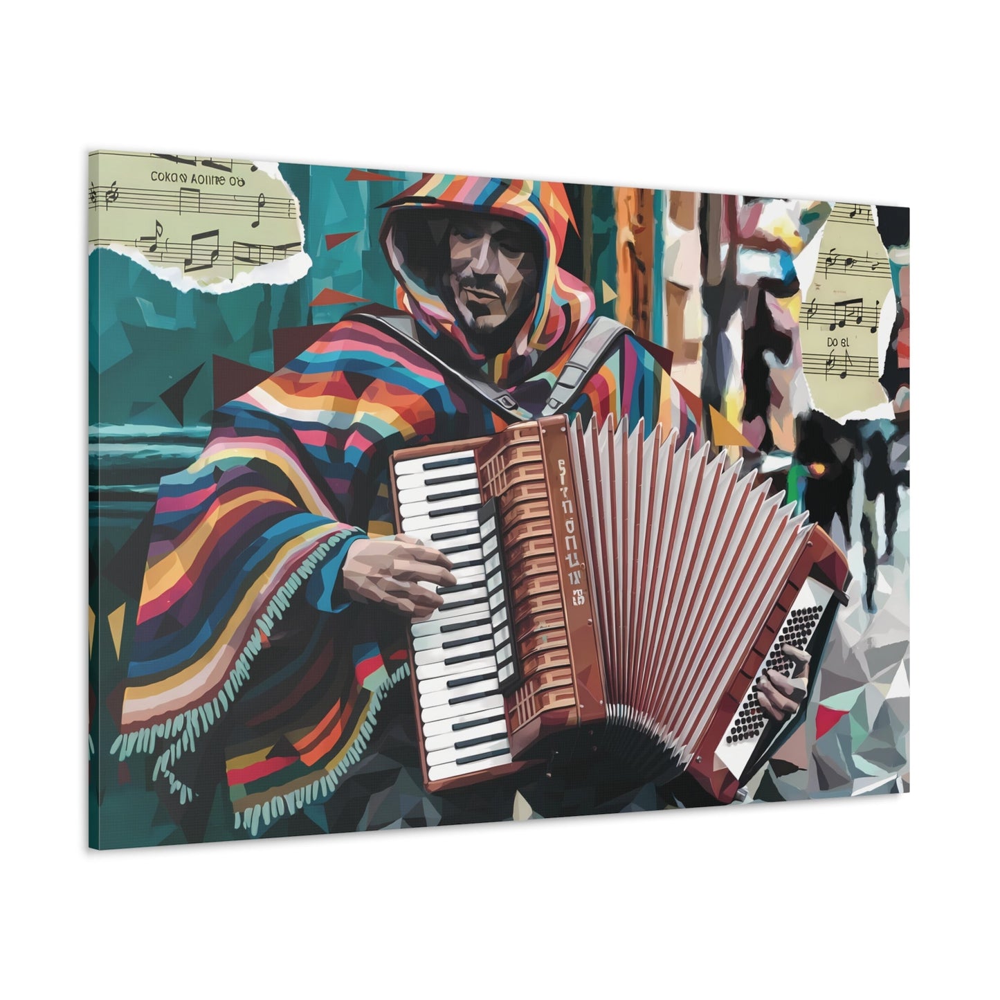 Vibrant accordion street performer art with colorful poncho and music notes backdrop.