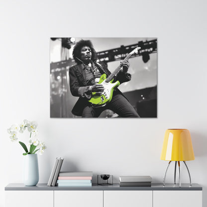 Monochrome Jimi Hendrix portrait with neon green guitar, perfect rock legend wall art for music lovers.