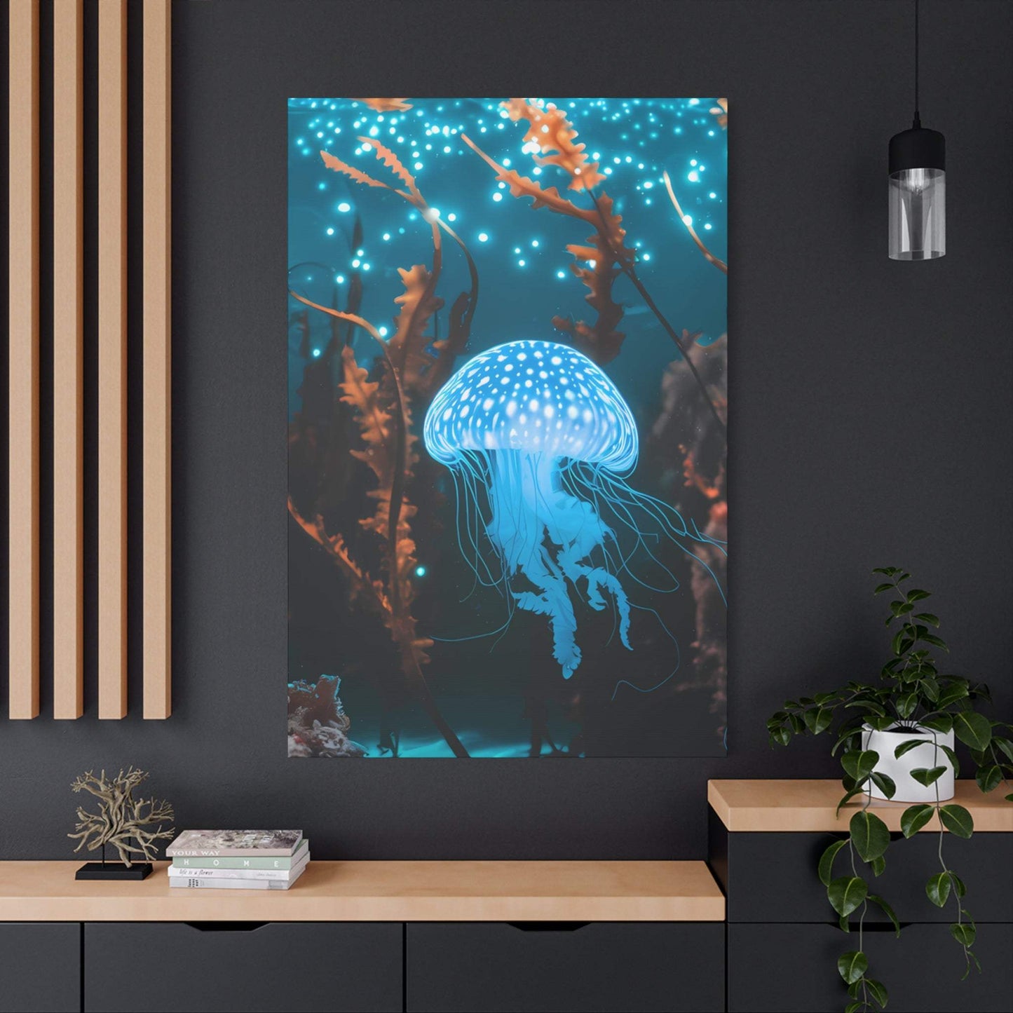 nullBioluminescent Underwater Scene | Luminescent Jellyfish | Matte CanvasCanvasTransform your space with this captivating high-resolution canvas print featuring a mesmerizing bioluminescent underwater scene. At the heart of this ethereal image 