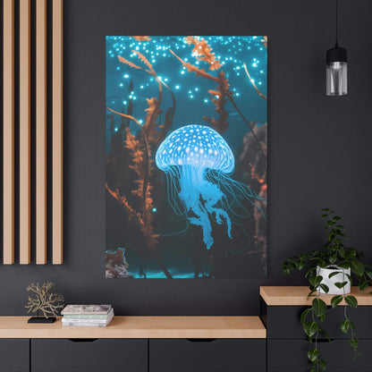 nullBioluminescent Underwater Scene | Luminescent Jellyfish | Matte CanvasCanvasTransform your space with this captivating high-resolution canvas print featuring a mesmerizing bioluminescent underwater scene. At the heart of this ethereal image 