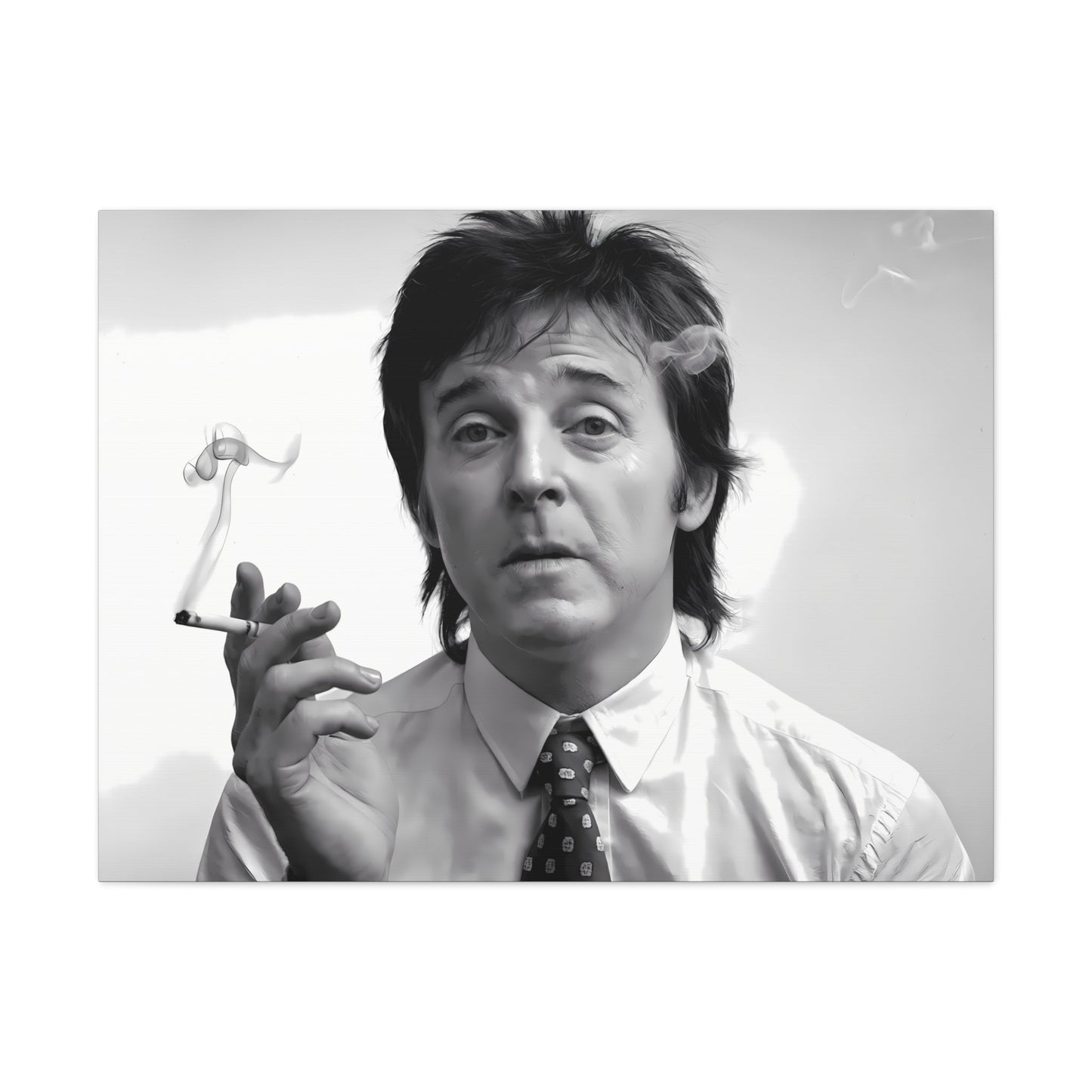 Paul McCartney black and white portrait with cigarette smoke, 1960s inspired wall art.