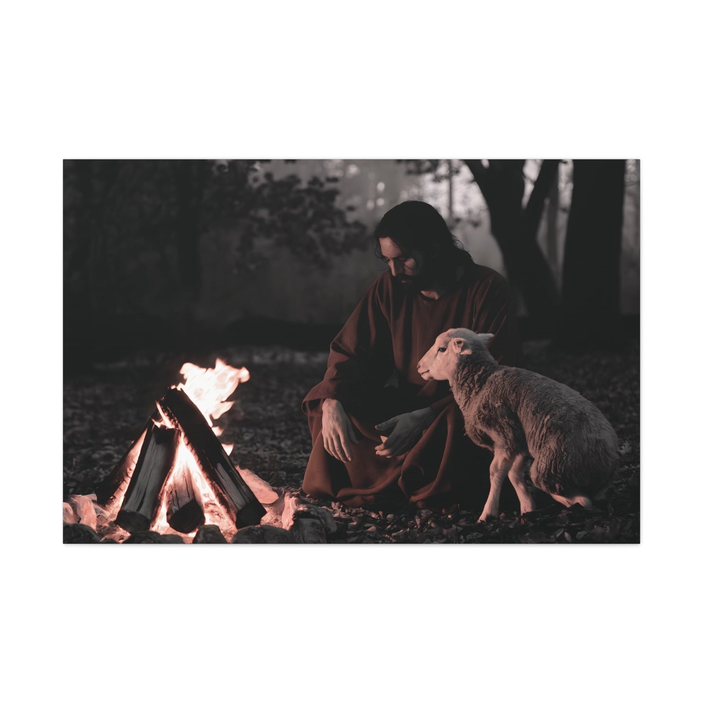 Limited edition Jesus painting with lamb and sacred flame, Christian wall art on canvas.