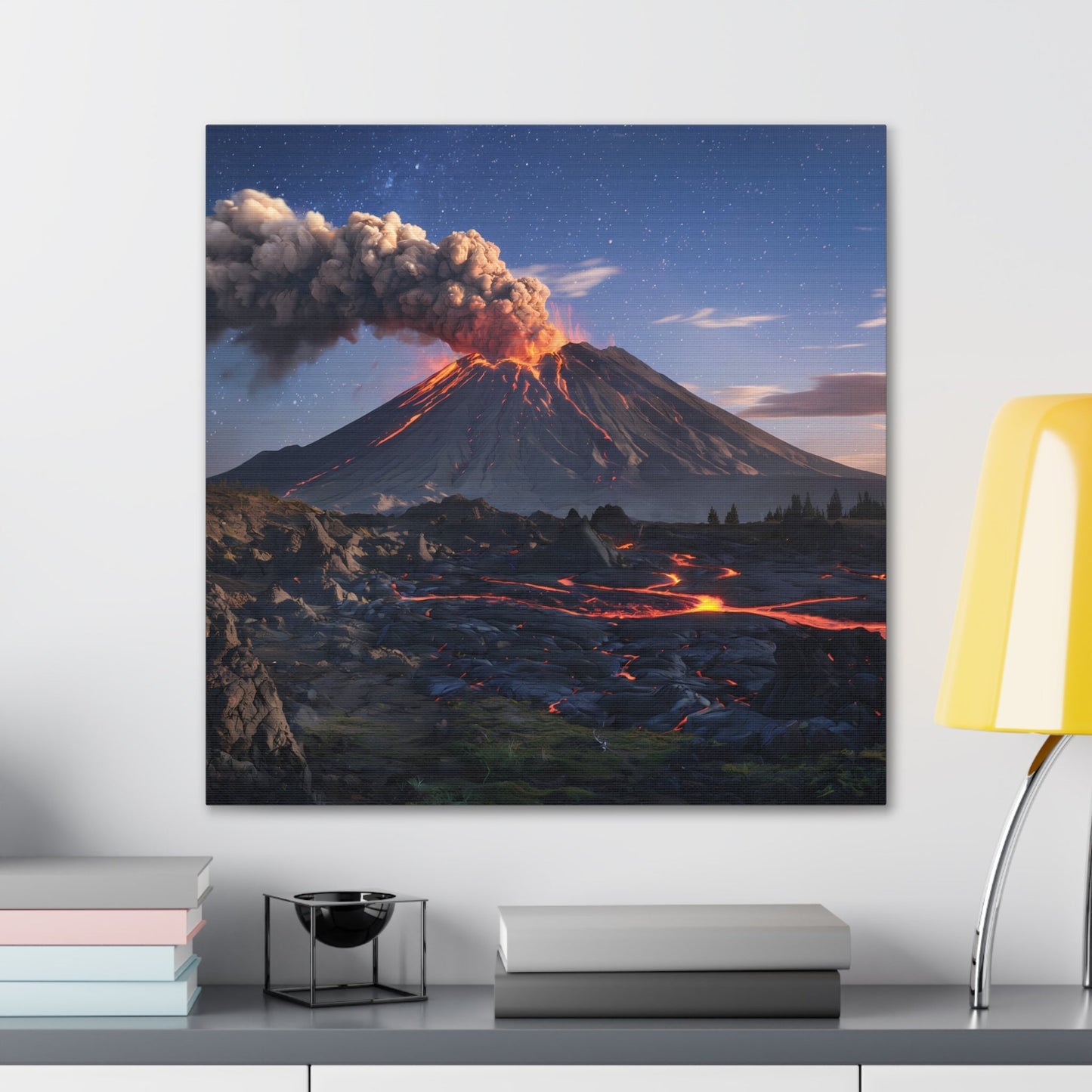 Dramatic Volcano Landscape wall art with active volcano, glowing lava, and starry night sky.