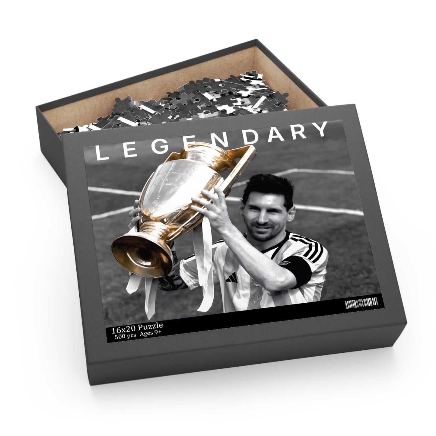 Lionel Messi Soccer Game - Vintage Glory Championship Puzzle Set showcasing Messi holding trophy in high-quality 8K black and white with color pop.