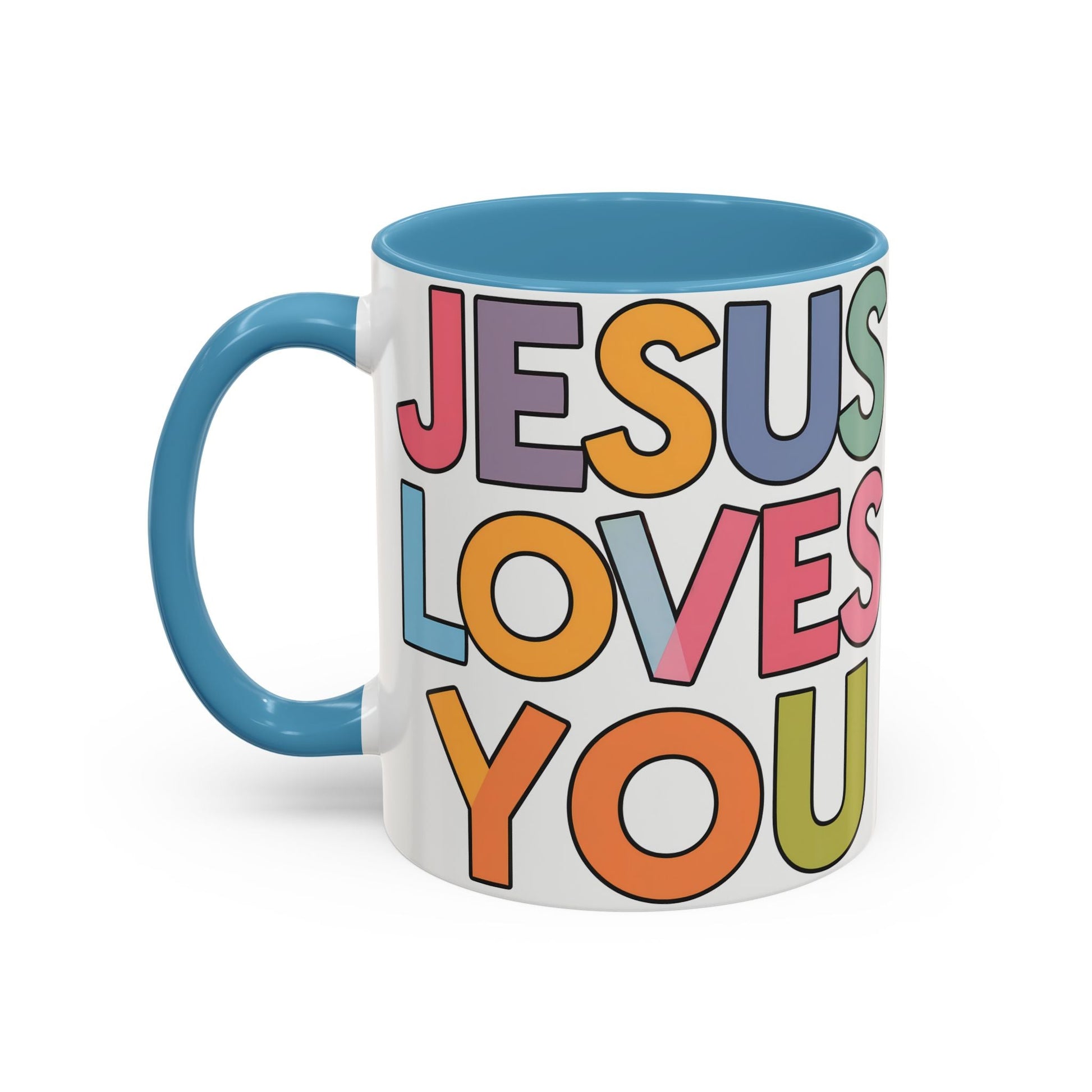 Inspirational Christian coffee mug with "Jesus Loves You" message and colorful design, available in 11oz or 15oz sizes.