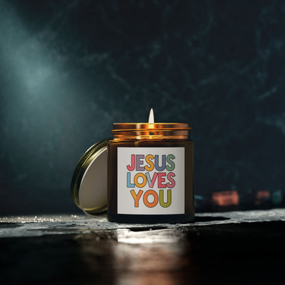 "JESUS LOVES YOU""JESUS LOVES YOU" Inspirational Christian Scented Candles, Coconut AprHome DecorIlluminate your space with the warm glow and comforting fragrance of our "JESUS LOVES YOU" scented candles. Handcrafted with premium coconut apricot wax, these candl