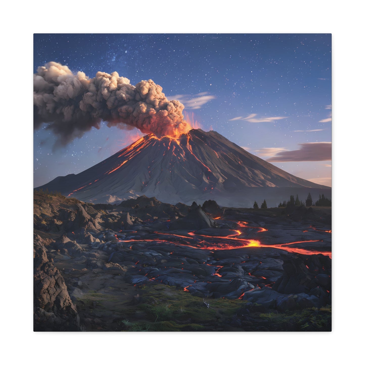 Dramatic volcano landscape with glowing lava and starry sky canvas art.