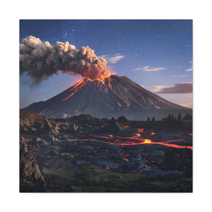 Dramatic volcano landscape with glowing lava and starry sky canvas art.