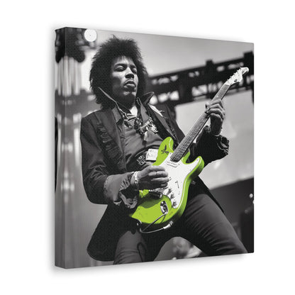 Jimi Hendrix guitar poster featuring a monochrome portrait with a neon green guitar, rock legend wall art.