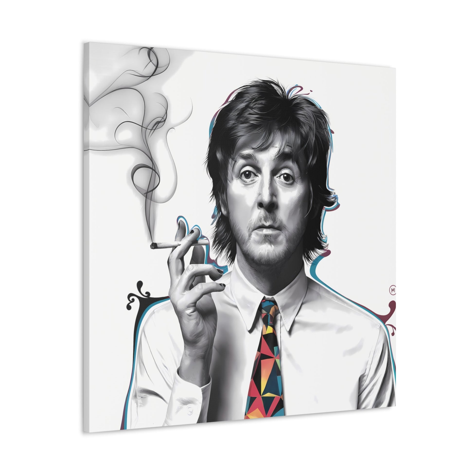 Paul McCartney Art surreal portrait with cigarette and geometric tie, canvas gallery wrap decor.