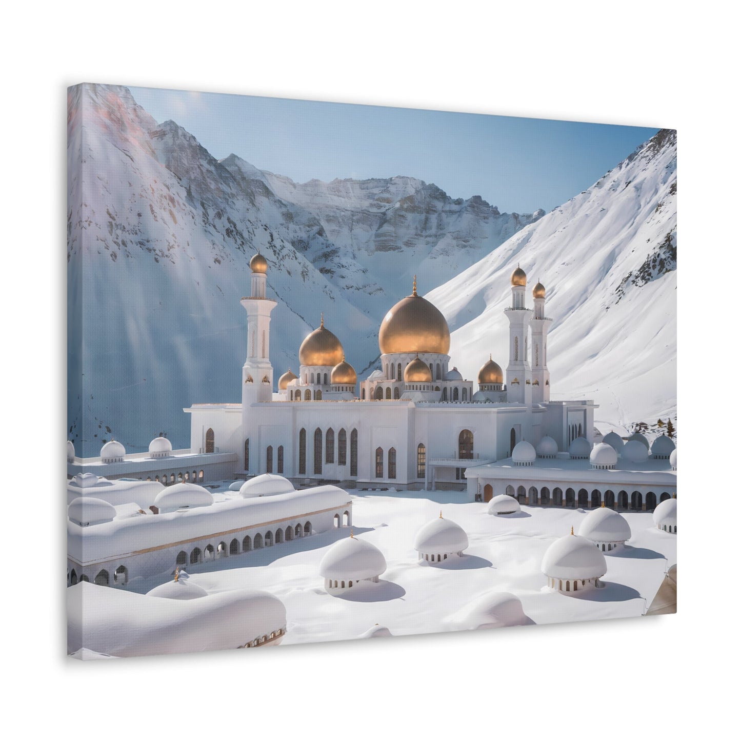 Winter Sanctuary: Majestic White Mosque with Golden Domes - Wall Art